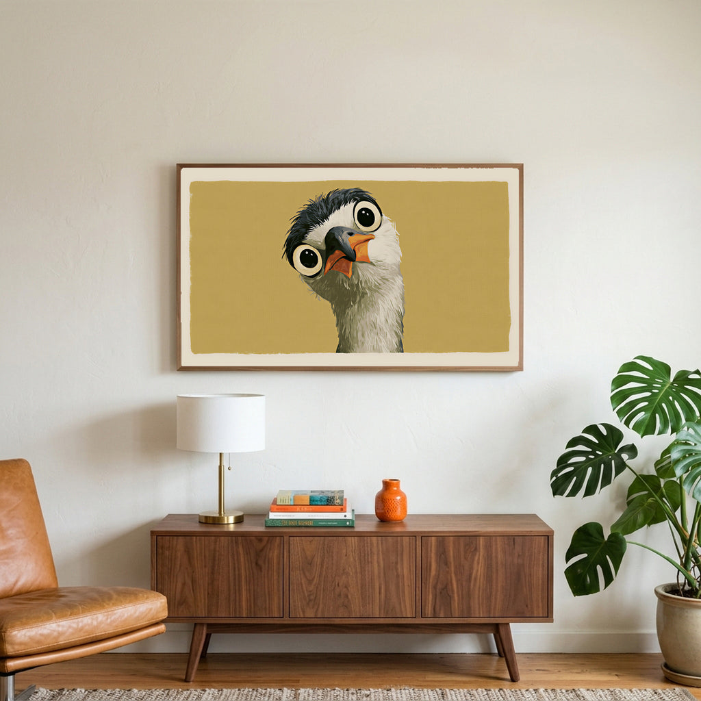 Funny heron art on a TV above a walnut credenza with a brass lamp and a monstera plant