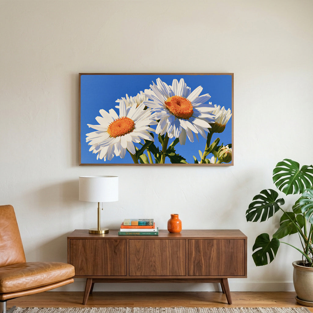 Daisy art on a TV above a walnut credenza with a brass lamp and a monstera plant