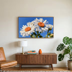 Daisy art on a TV above a walnut credenza with a brass lamp and a monstera plant