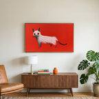 White cat art on a TV above a walnut credenza with a brass lamp and a monstera plant