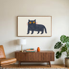 British Blue cat art on a TV above a walnut credenza with a brass lamp and a monstera plant
