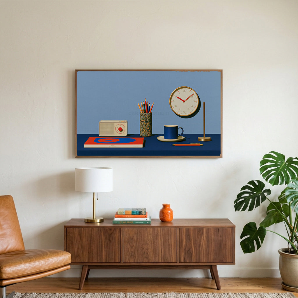Retro desk, radio and clock art on a TV above a walnut credenza with a brass lamp and a monstera plant