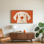 Minimalist dog art on a TV above a walnut credenza with a brass lamp and a monstera plant