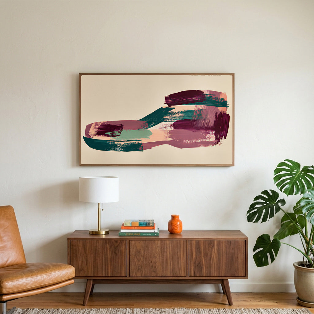 Abstract plum and teal brushstrokes art on a TV above a walnut credenza with a brass lamp and a monstera plant