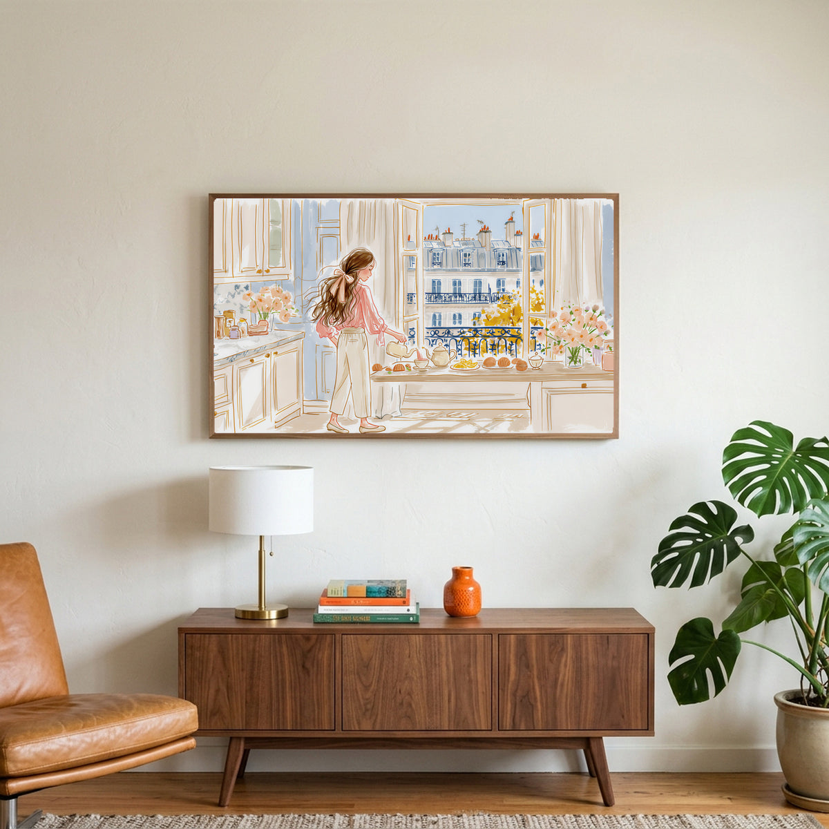 Paris morning tea art on a TV above a walnut credenza with a brass lamp and a monstera plant