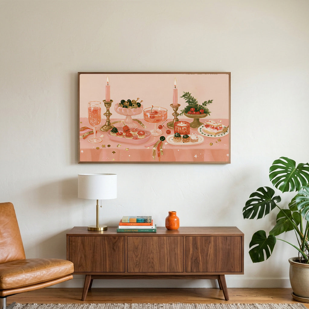 Party table still life art on a TV above a walnut credenza with a brass lamp and a monstera plant