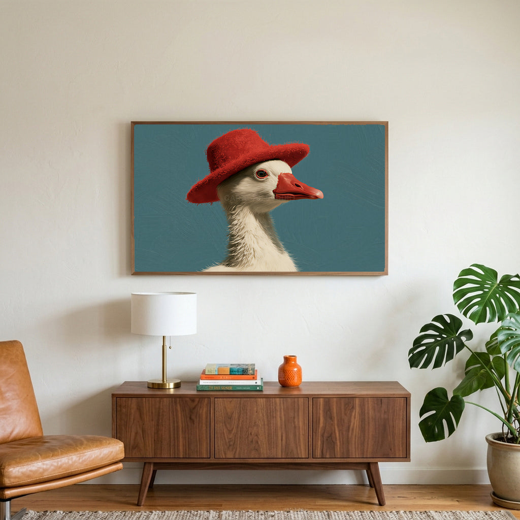 Duck in a red hat art on a TV above a walnut credenza with a brass lamp and a monstera plant