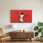 Tennis player art on a TV above a walnut credenza with a brass lamp and a monstera plant