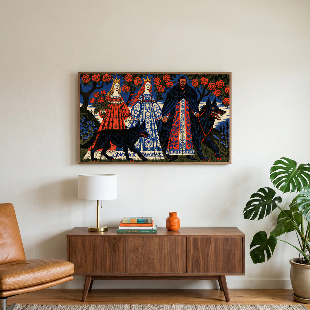 Folk fairy tale wolves art on a TV above a walnut credenza with a brass lamp and a monstera plant