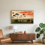Block print trees art on a TV above a walnut credenza with a brass lamp and a monstera plant