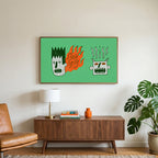 Grumpy doodle faces art on a TV above a walnut credenza with a brass lamp and a monstera plant