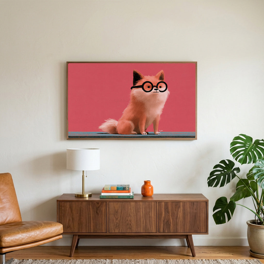 Dog in glasses art on a TV above a walnut credenza with a brass lamp and a monstera plant