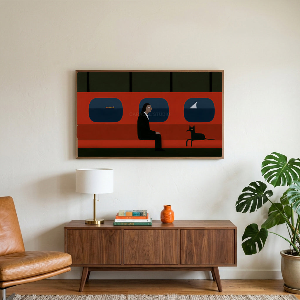 Ferry man and black dog art on a TV above a walnut credenza with a brass lamp and a monstera plant