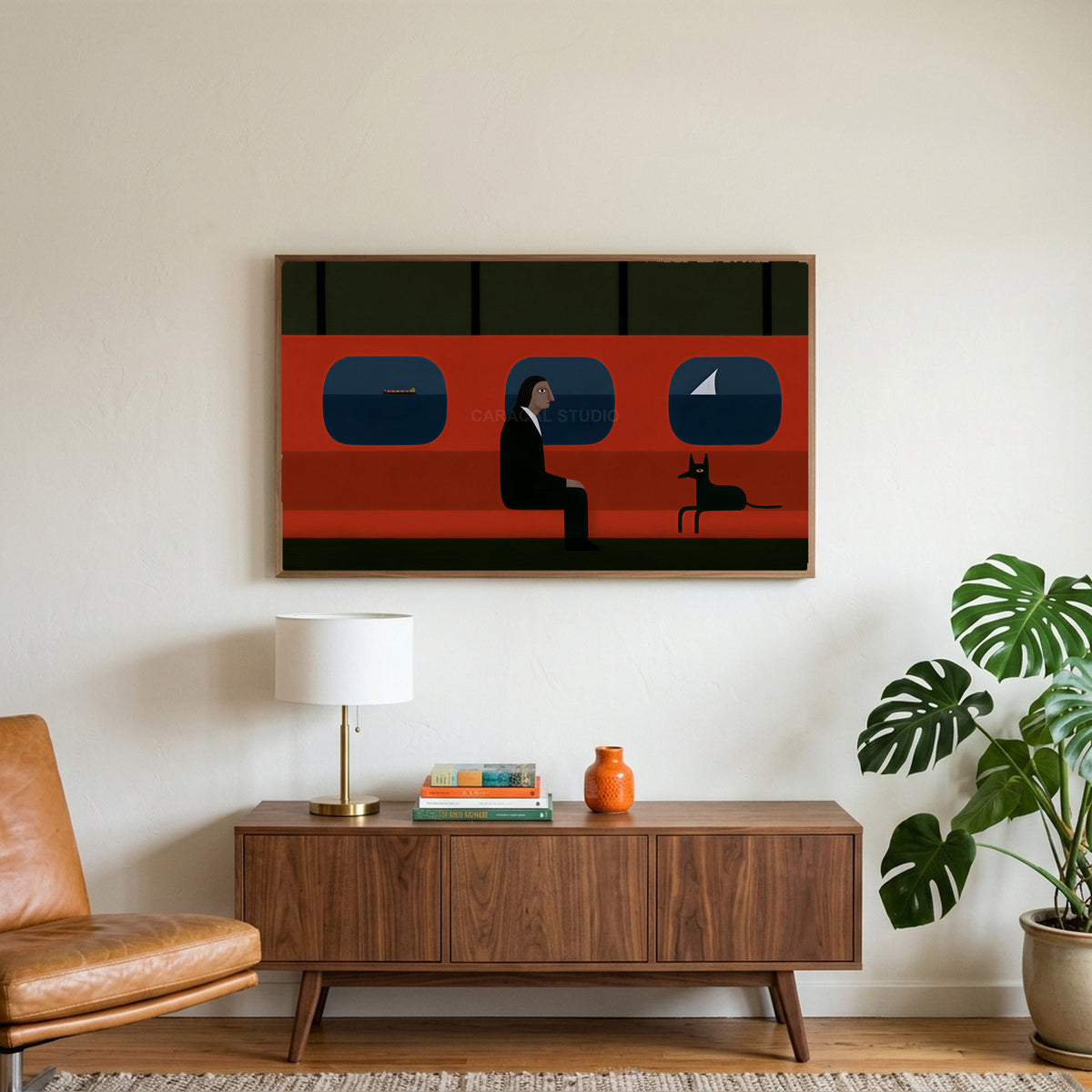 Ferry man and black dog art on a TV above a walnut credenza with a brass lamp and a monstera plant