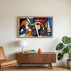 Cubist rooster art on a TV above a walnut credenza with a brass lamp and a monstera plant