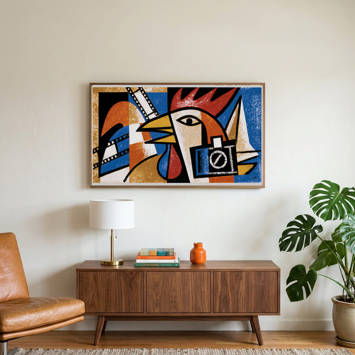 Cubist rooster art on a TV above a walnut credenza with a brass lamp and a monstera plant