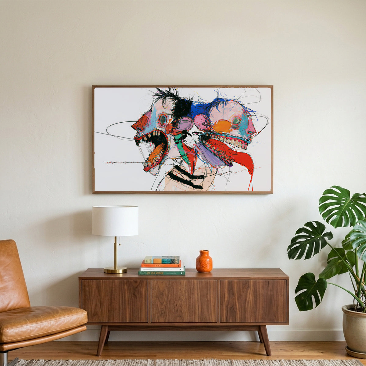 Expressive faces art on a TV above a walnut credenza with a brass lamp and a monstera plant