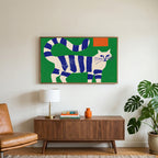 Blue striped cat art on a TV above a walnut credenza with a brass lamp and a monstera plant