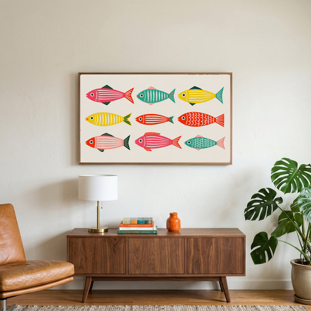 Folk fish art on a TV above a walnut credenza with a brass lamp and a monstera plant