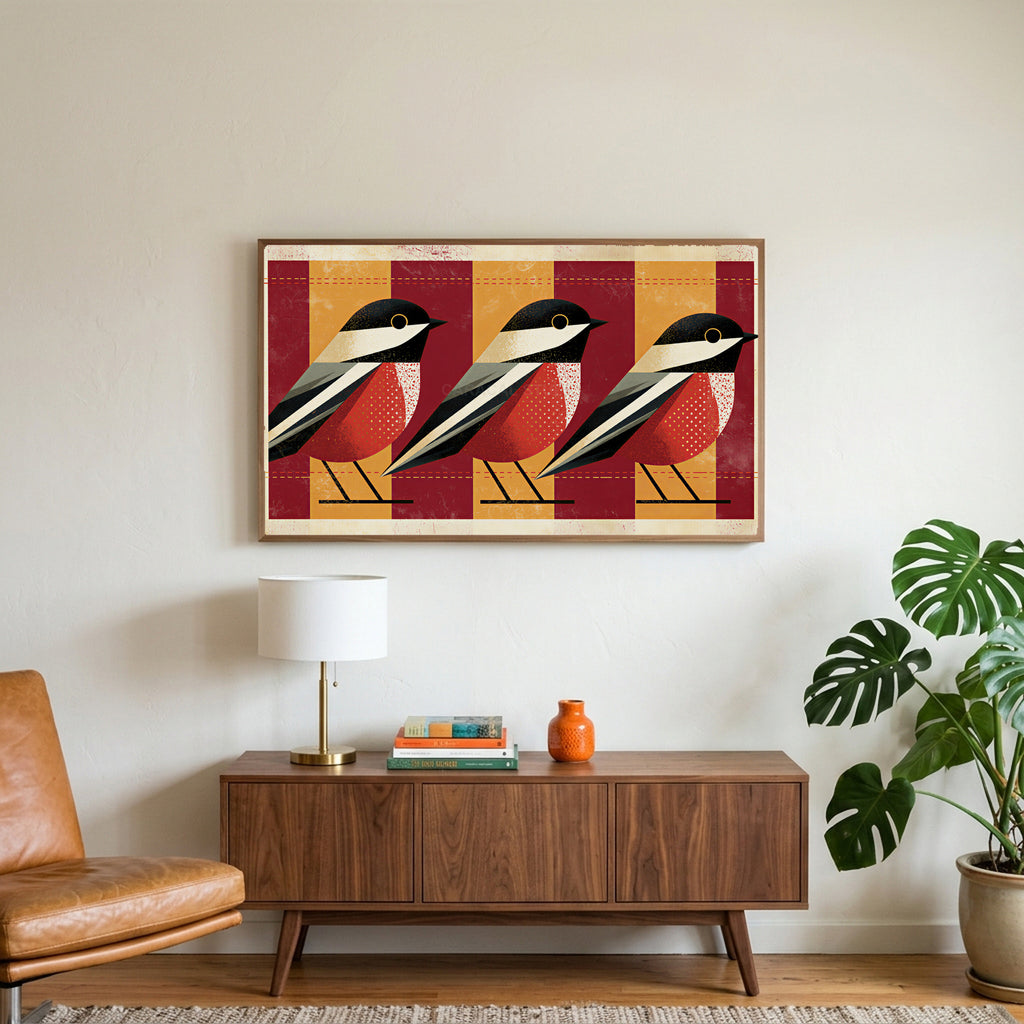 Geometric birds art on a TV above a walnut credenza with a brass lamp and a monstera plant
