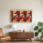 Geometric birds art on a TV above a walnut credenza with a brass lamp and a monstera plant