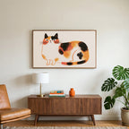 Calico cat art on a TV above a walnut credenza with a brass lamp and a monstera plant