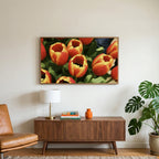 Orange tulip bouquet art on a TV above a walnut credenza with a brass lamp and a monstera plant