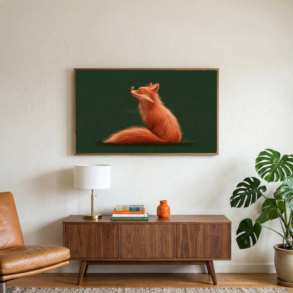 Fox and robin art on a TV above a walnut credenza with a brass lamp and a monstera plant