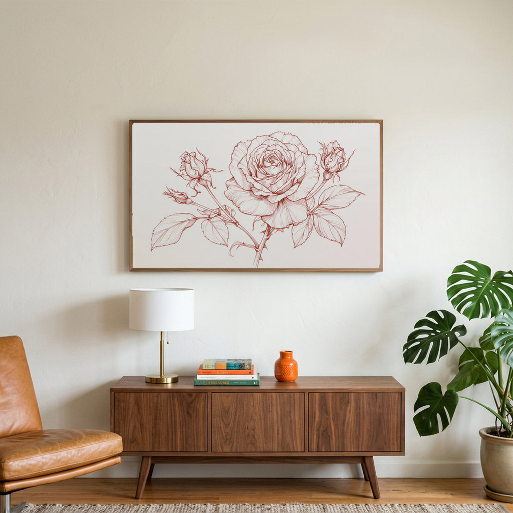 Rose line drawing art on a TV above a walnut credenza with a brass lamp and a monstera plant