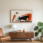 Matador and bull art on a TV above a walnut credenza with a brass lamp and a monstera plant