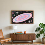 Pastel galaxy art on a TV above a walnut credenza with a brass lamp and a monstera plant