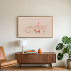 Highland cow lighthouse art on a TV above a walnut credenza with a brass lamp and a monstera plant