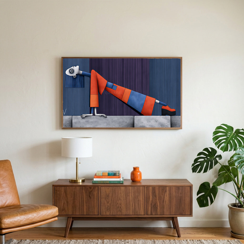 Surreal leaning woman art on a TV above a walnut credenza with a brass lamp and a monstera plant
