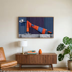 Surreal leaning woman art on a TV above a walnut credenza with a brass lamp and a monstera plant