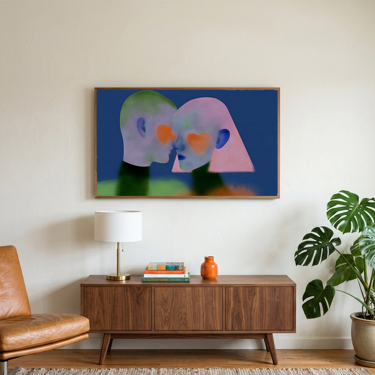 Heart cheek portrait art on a TV above a walnut credenza with a brass lamp and a monstera plant