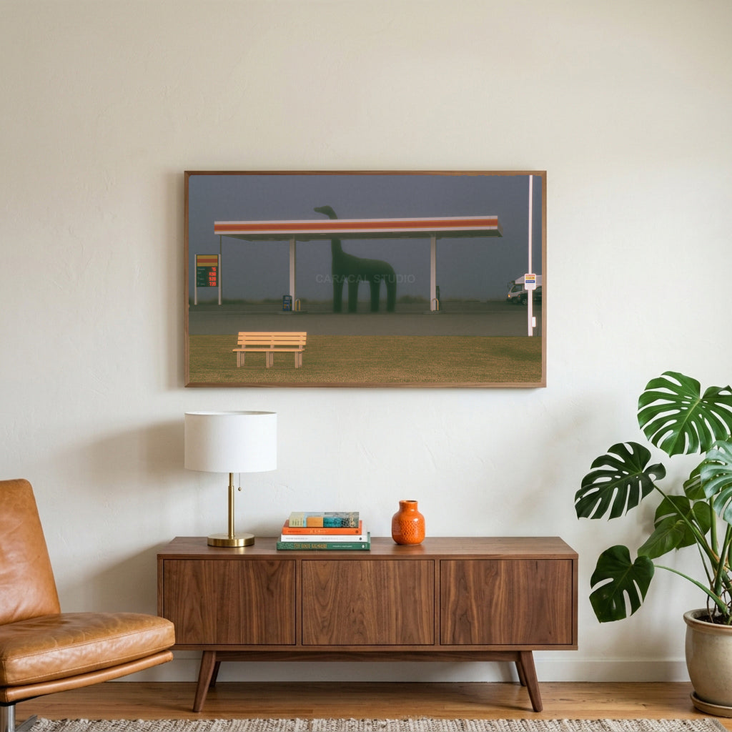 Foggy gas station art on a TV above a walnut credenza with a brass lamp and a monstera plant