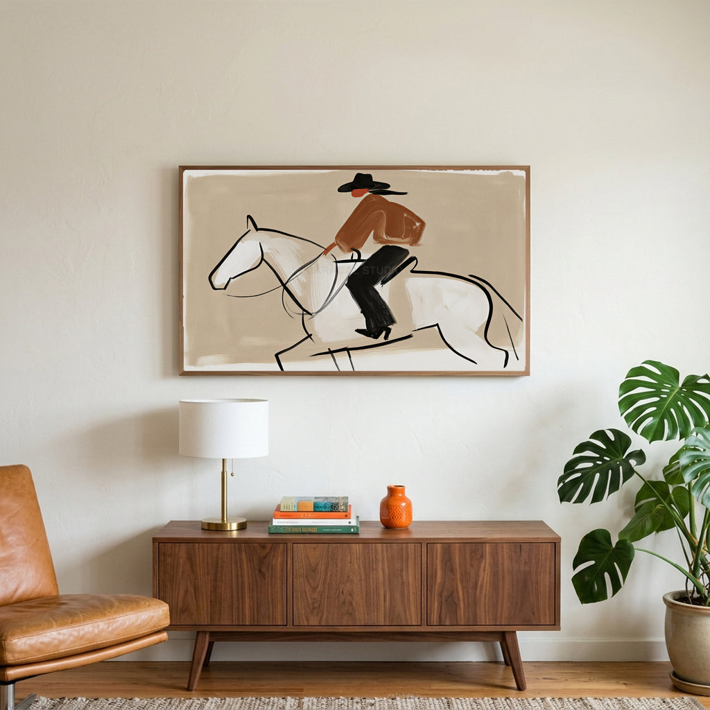 Cowboy on a horse art on a TV above a walnut credenza with a brass lamp and a monstera plant