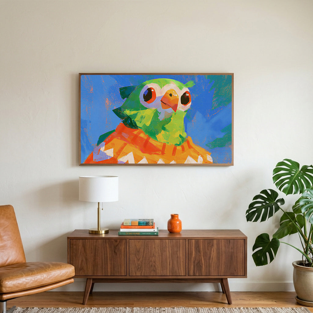 Parrot in a sweater art on a TV above a walnut credenza with a brass lamp and a monstera plant
