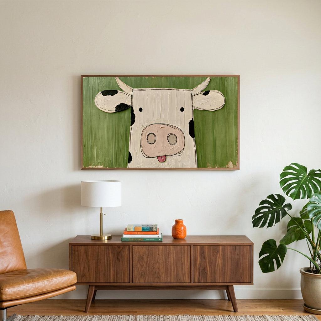 Funny cow art on a TV above a walnut credenza with a brass lamp and a monstera plant