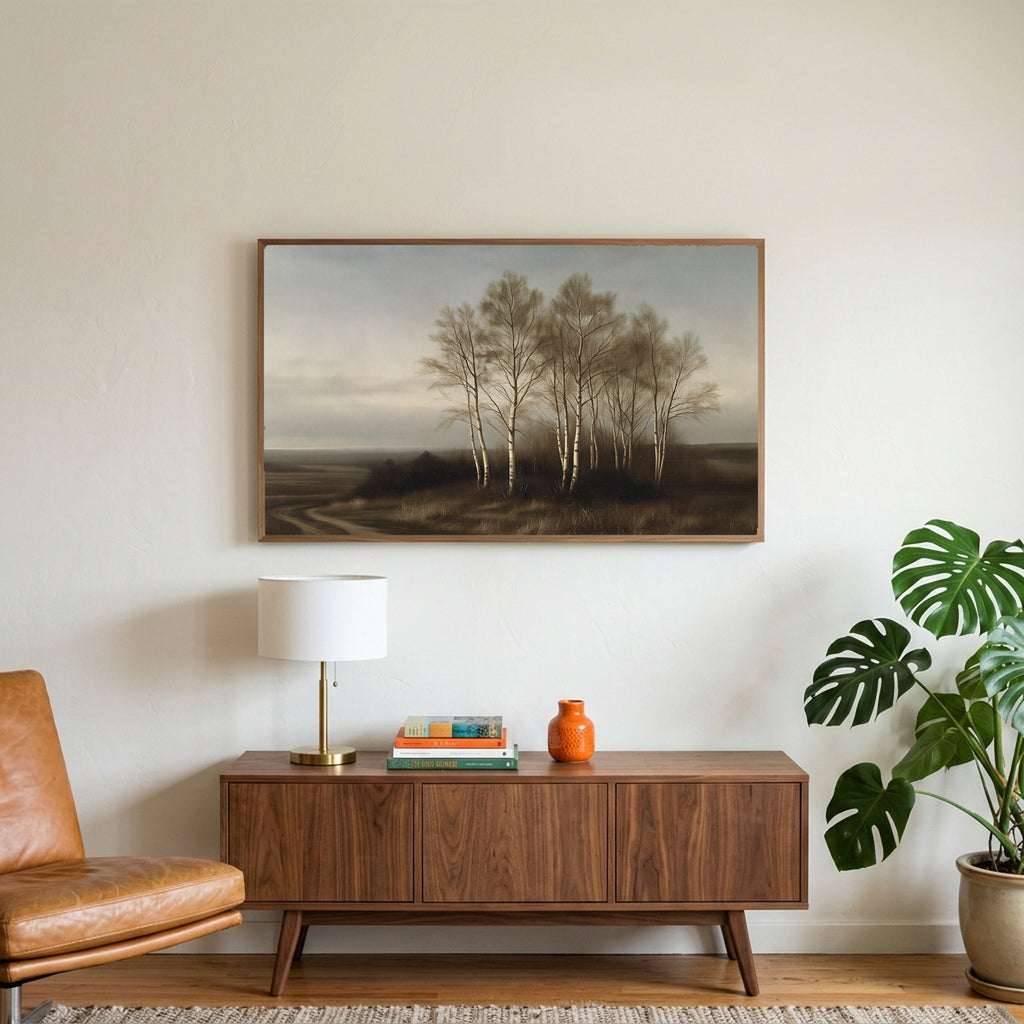 Birch trees landscape art on a TV above a walnut credenza with a brass lamp and a monstera plant