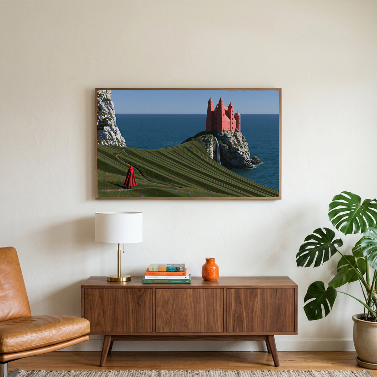 Sea cliff castle art on a TV above a walnut credenza with a brass lamp and a monstera plant
