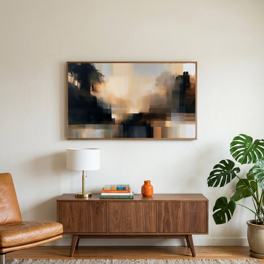 Moody abstract glow art on a TV above a walnut credenza with a brass lamp and a monstera plant