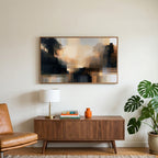 Moody abstract glow art on a TV above a walnut credenza with a brass lamp and a monstera plant