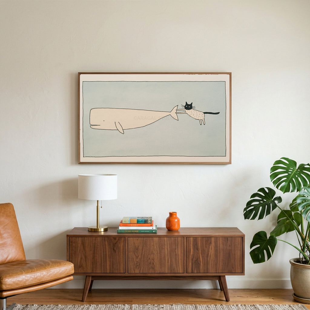 Cat and whale art on a TV above a walnut credenza with a brass lamp and a monstera plant