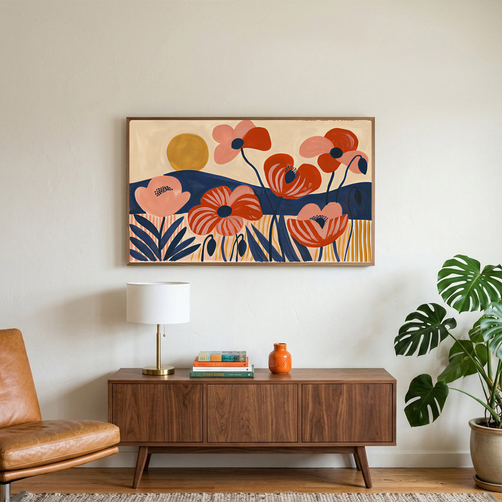 Mid century poppies art on a TV above a walnut credenza with a brass lamp and a monstera plant