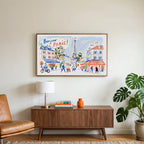 Bonjour Paris art on a TV above a walnut credenza with a brass lamp and a monstera plant