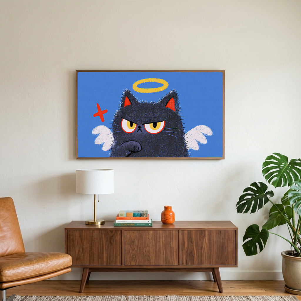 Angel kitten art on a TV above a walnut credenza with a brass lamp and a monstera plant
