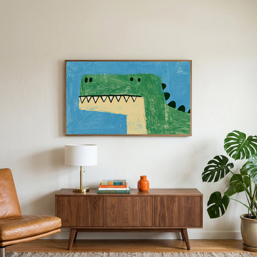 Green T rex dinosaur art on a TV above a walnut credenza with a brass lamp and a monstera plant
