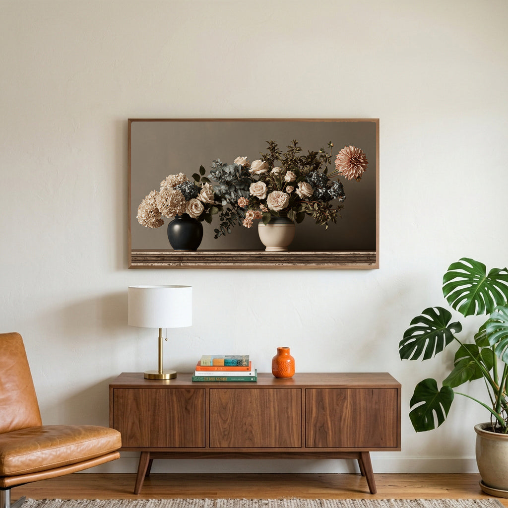 Roses and hydrangeas still life art on a TV above a walnut credenza with a brass lamp and a monstera plant