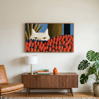 White cat and red tulips art on a TV above a walnut credenza with a brass lamp and a monstera plant